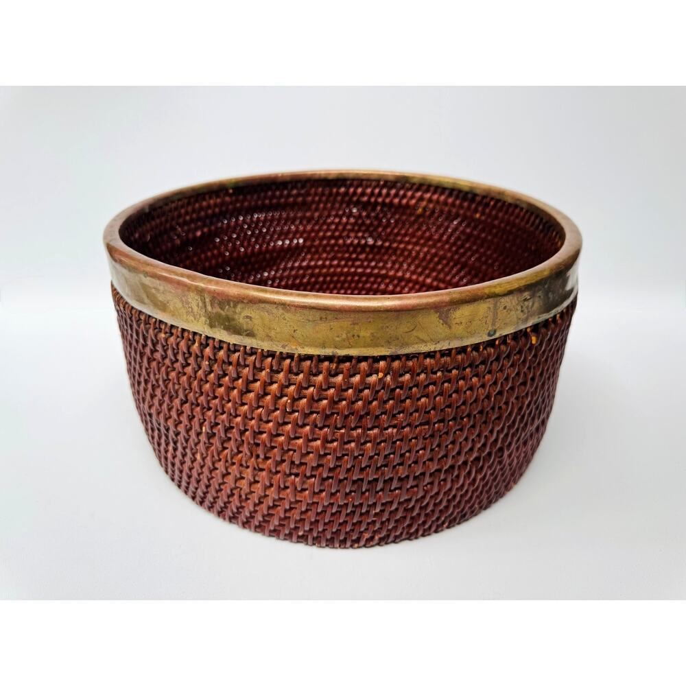 Large Vintage Woven Rattan Basket with Brass Rim, Round Cachepot